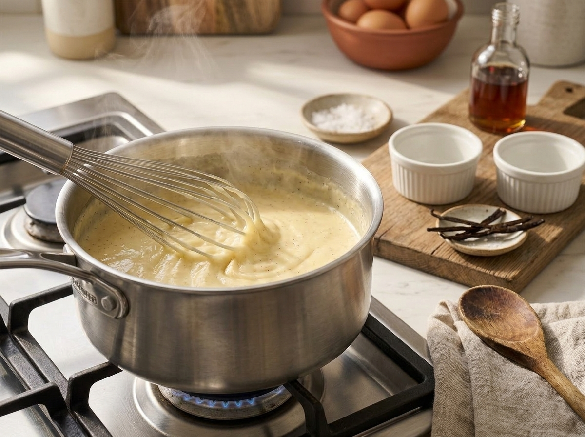 Thick vanilla bean custard being whisked in a saucepan with steam rising as it thickens on the stovetop