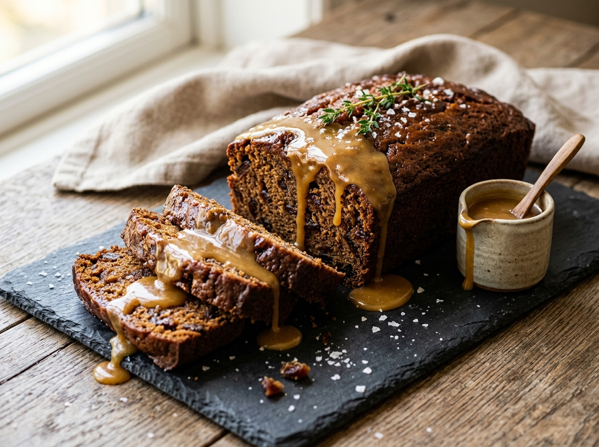 Sticky toffee loaf cake with glossy toffee sauce dripping over two cut slices on a dark slate board.