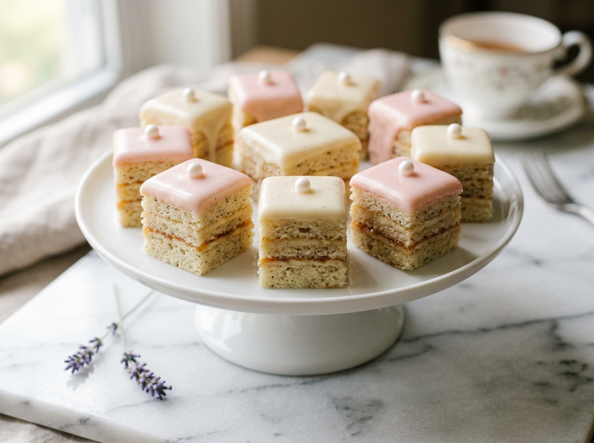 Vanilla bean petit fours with ivory fondant glaze and sugar pearls arranged on a tiered porcelain cake stand