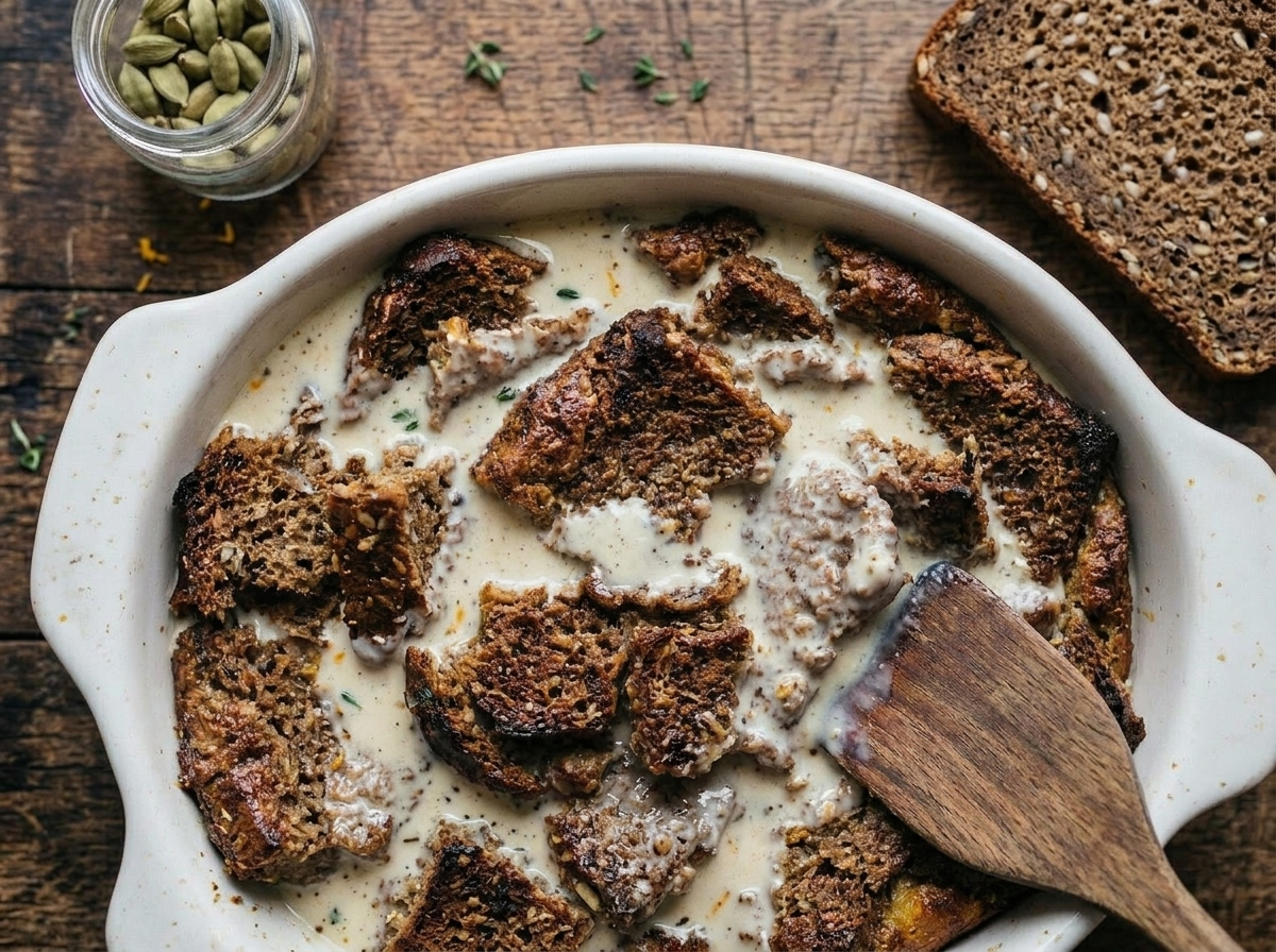 Hands pressing torn dark rye bread chunks into spiced cardamom custard in a baking dish before baking