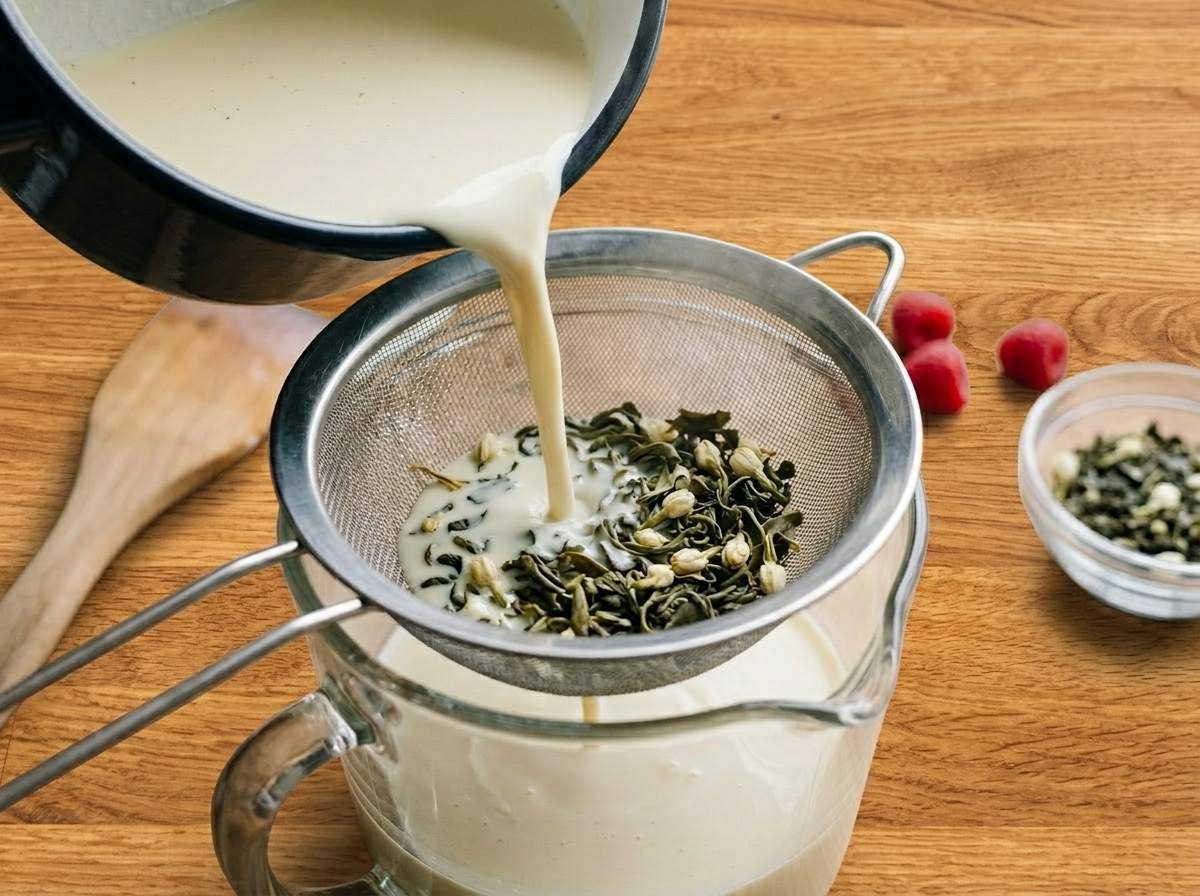 Warm jasmine-steeped cream being strained through a fine-mesh sieve into a glass jug, steam rising
