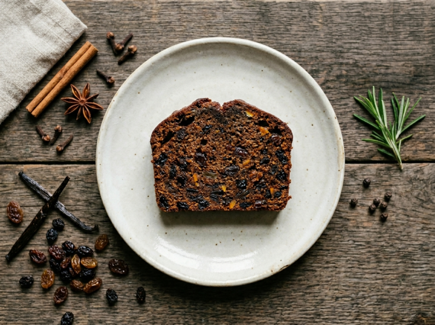 Sliced Irish porter cake on a ceramic plate showing dark dense crumb packed with dried fruit and warm spices