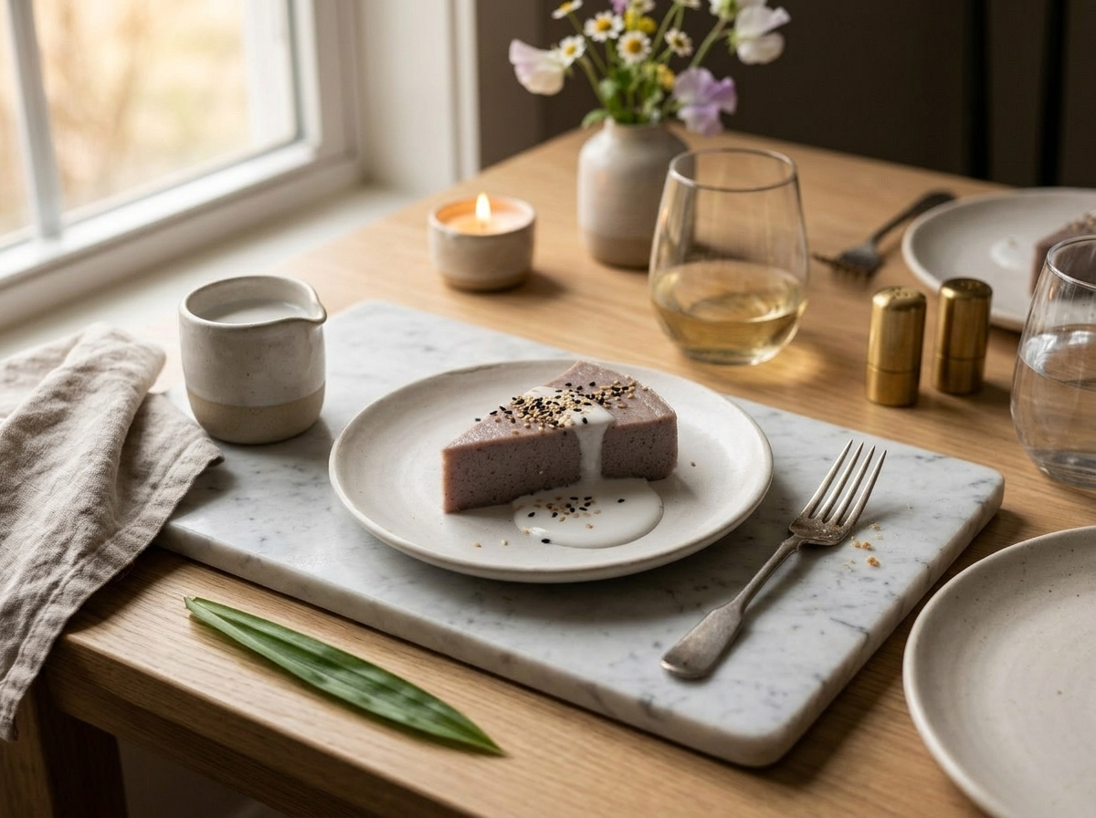 Two chilled taro coconut pudding slices on ceramic dish with coconut cream jug and pandan leaf on wooden table