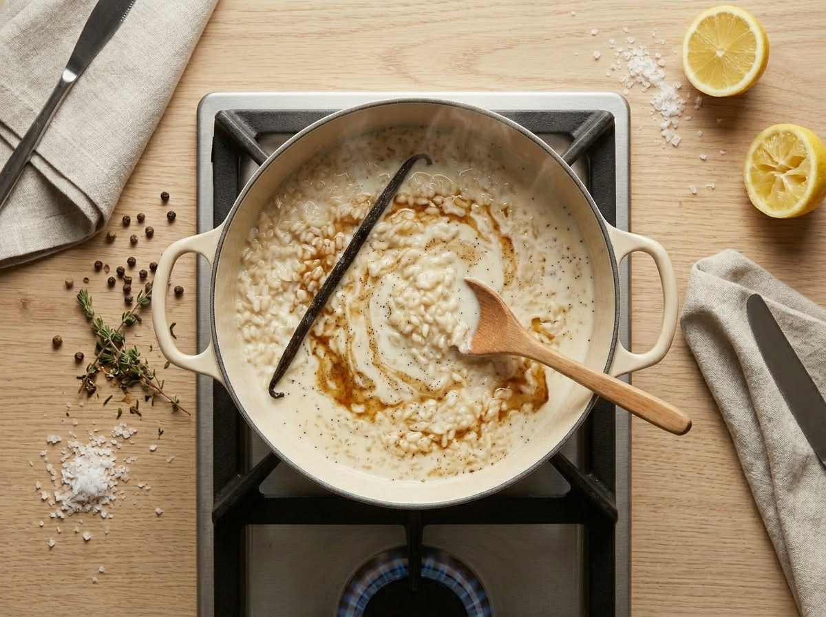 Short-grain rice simmering in whole milk in a saucepan with vanilla seeds and a wooden spoon stirring