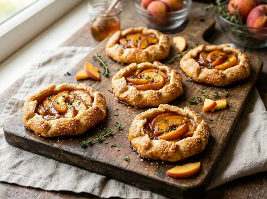 Six mini peach galettes on a wooden board with golden flaky crust edges, caramelized peach slices, and fresh thyme