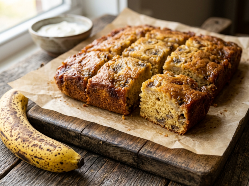 Caramelized banana snack cake cut into squares on parchment with golden crumb and visible banana pieces