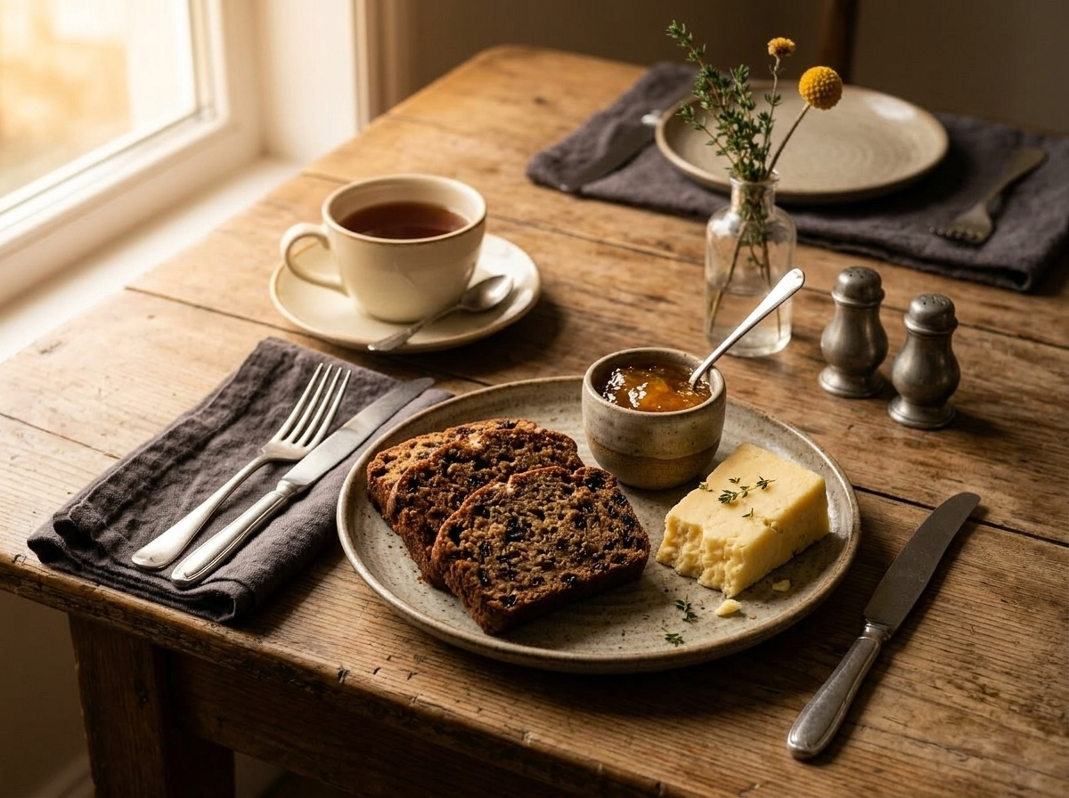 Sliced bara brith served with orange marmalade, mature cheddar, and afternoon tea on a wooden table