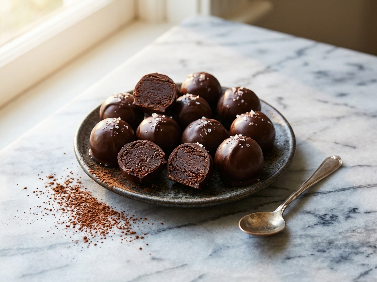 Bite size brownie truffles with glossy chocolate coating and flaky sea salt on a dark ceramic plate, some halved to show fudgy centers