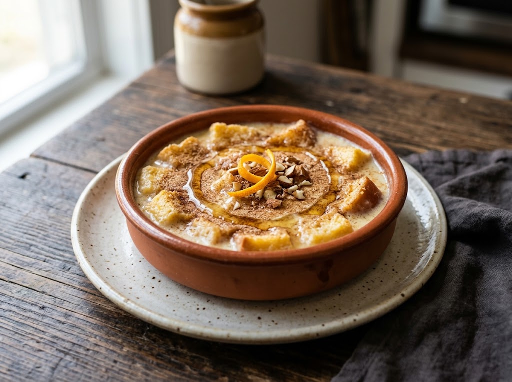 Terracotta bowl of Portuguese sweet bread soup dessert with honey drizzle, cinnamon sugar, and orange zest on a wooden table