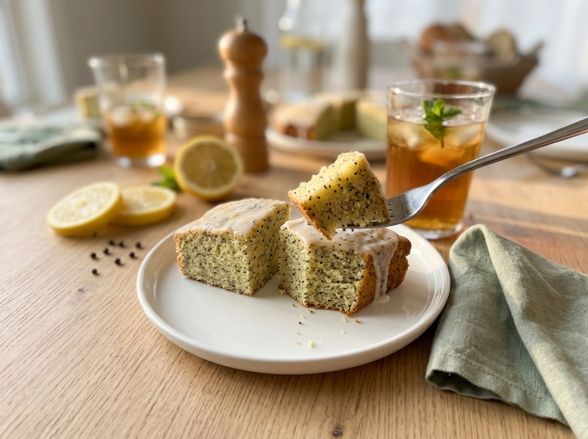 Two slices of glazed chia lemon snack cake on a white plate with iced tea and lemon slices alongside.