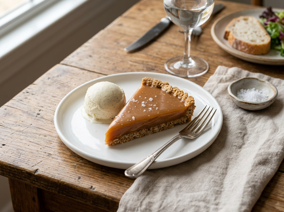 Slice of salted caramel oat tart with vanilla ice cream on a white plate with a linen napkin alongside