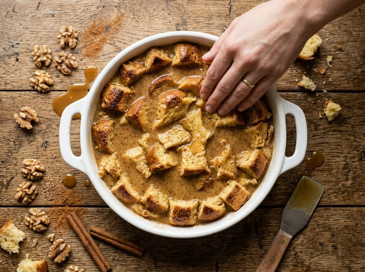 Brioche cubes soaking in caramel custard in a glass mixing bowl before baking