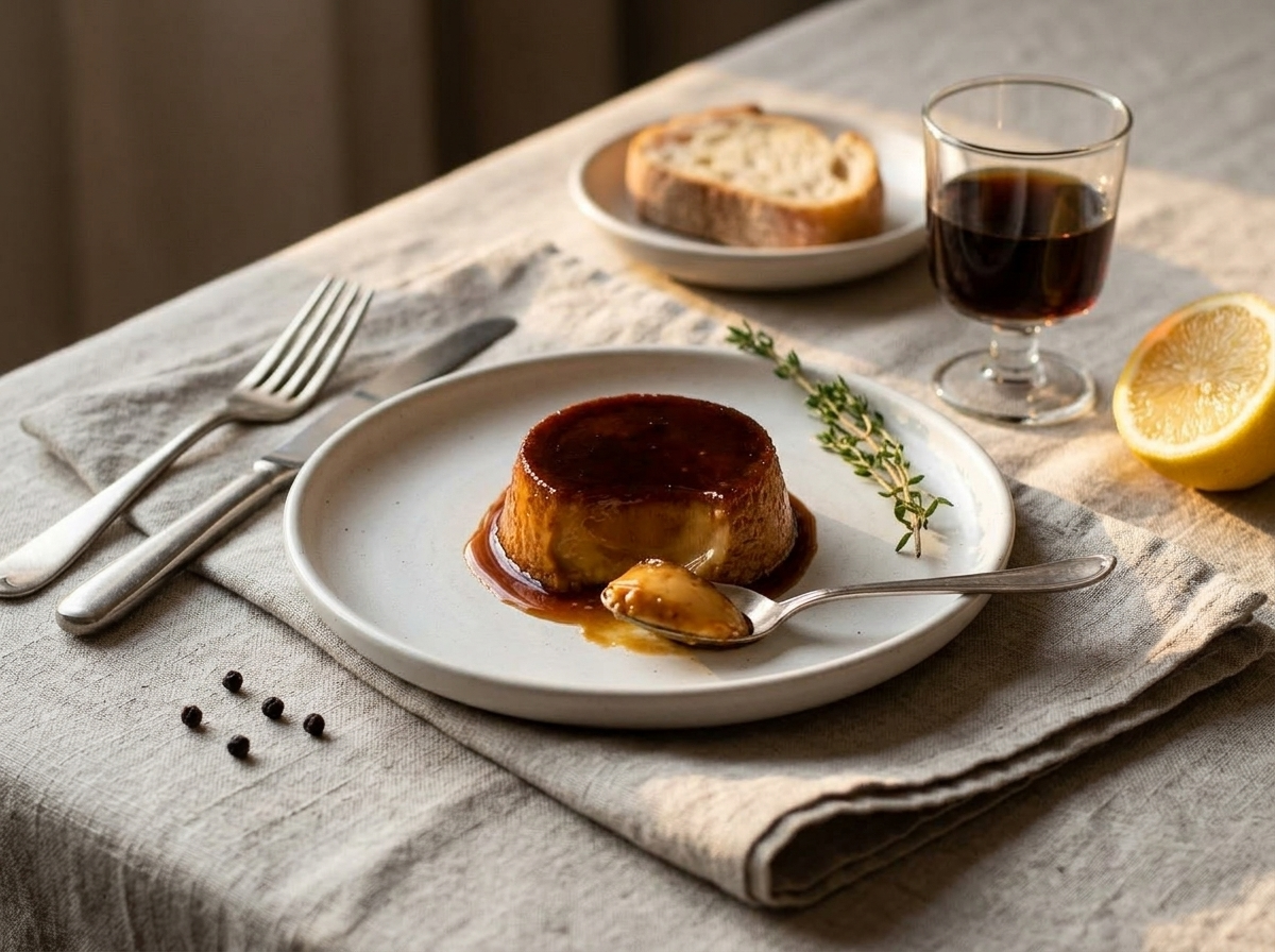 Single white ramekin of burnt sugar custard on marble with a spoon revealing the silky caramel interior