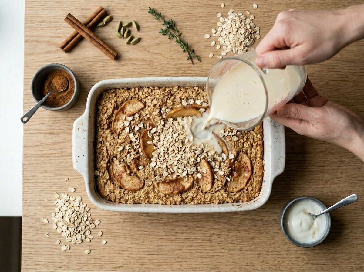 Pouring warm milk mixture over rolled oats and sliced apples in a baking dish for Nordic porridge