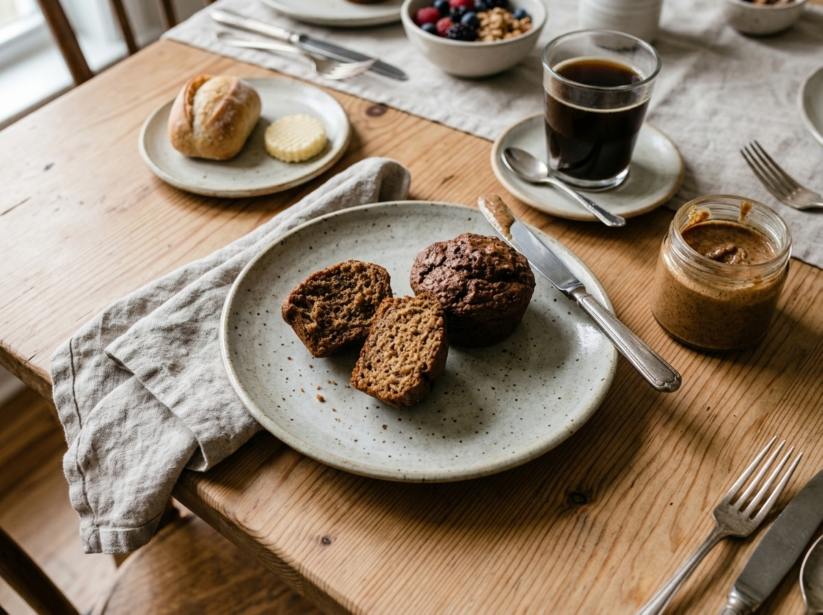 Two teff banana muffins on a ceramic plate with almond butter and black coffee in a breakfast setting