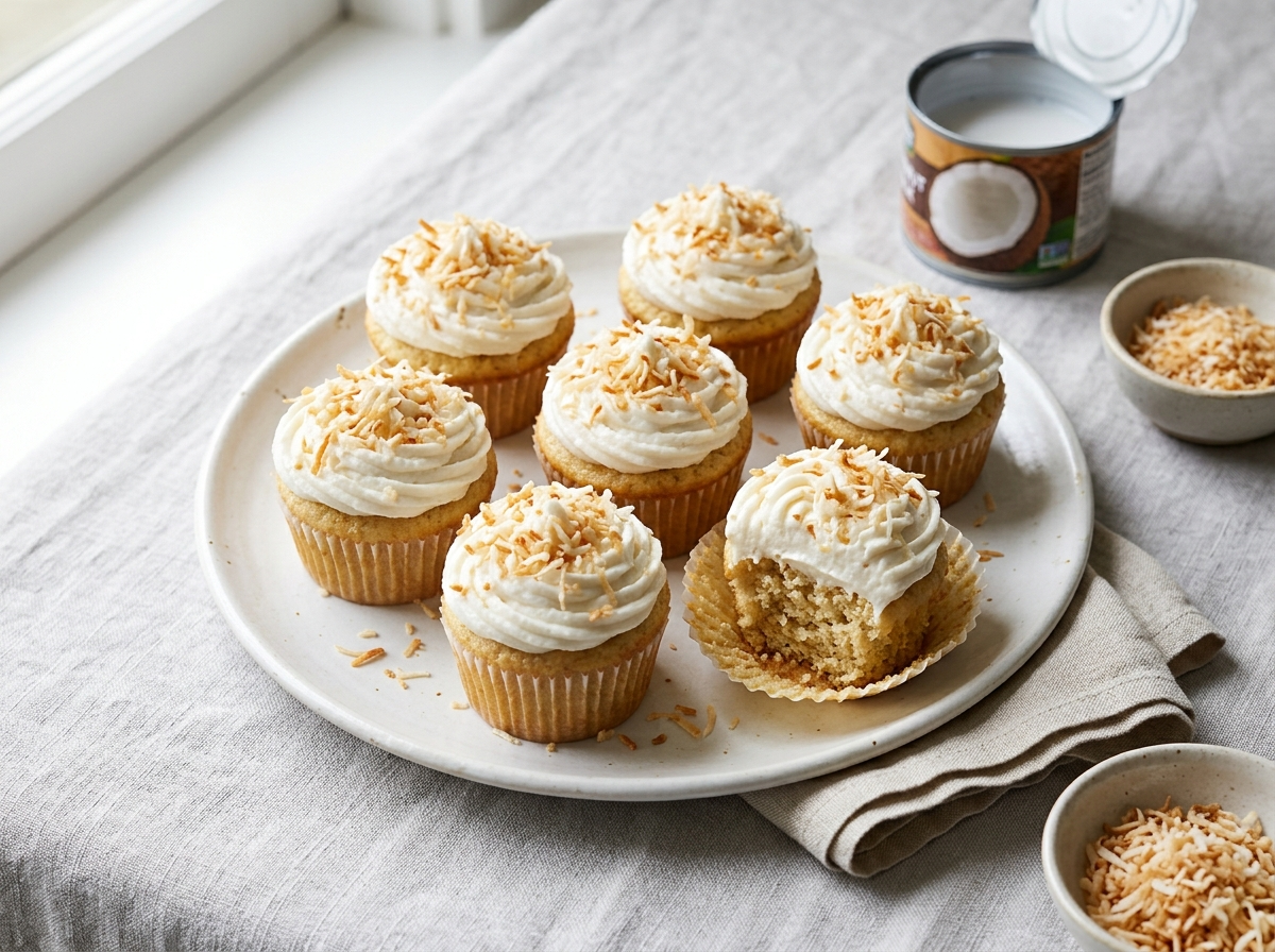 Six small batch coconut cupcakes with fluffy white coconut cream frosting and toasted coconut flakes on a ceramic plate