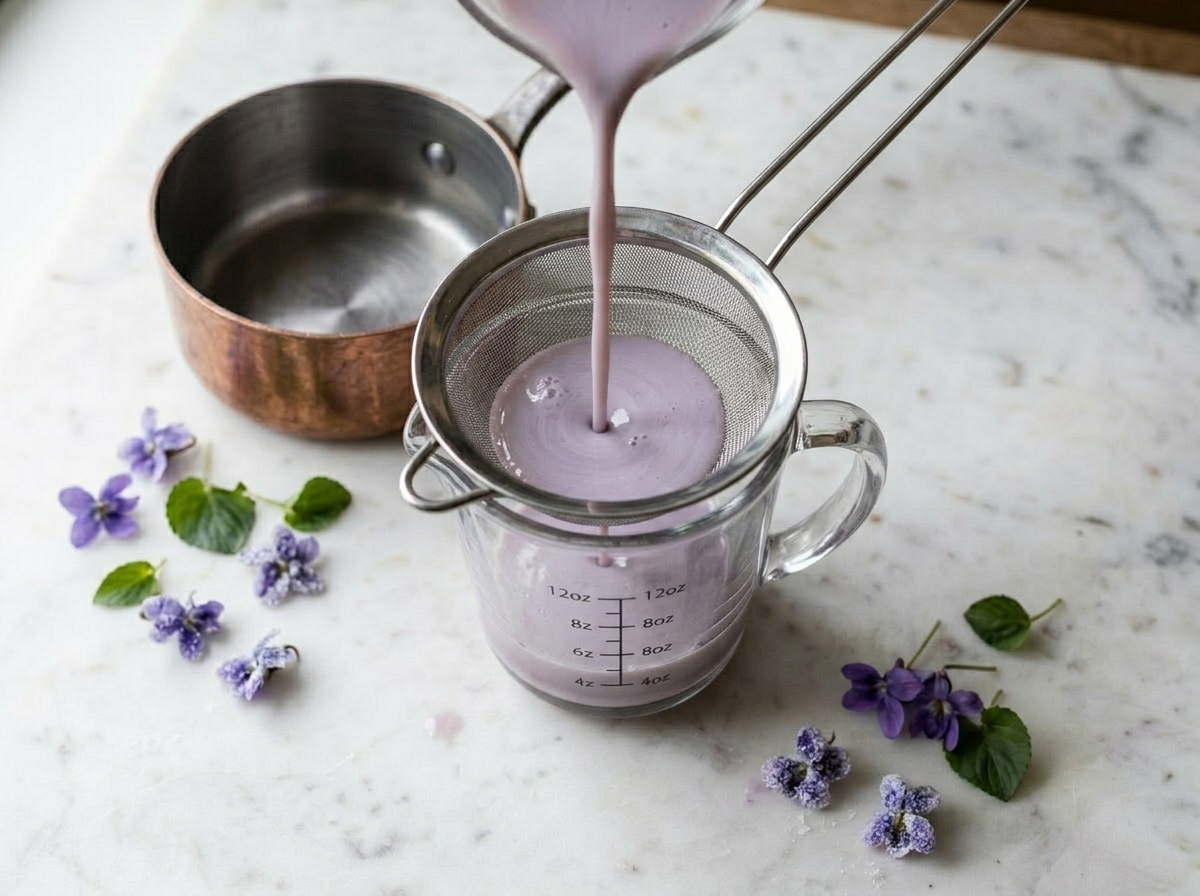 Straining violet syrup jelly liquid through a fine-mesh sieve into a glass measuring jug before setting