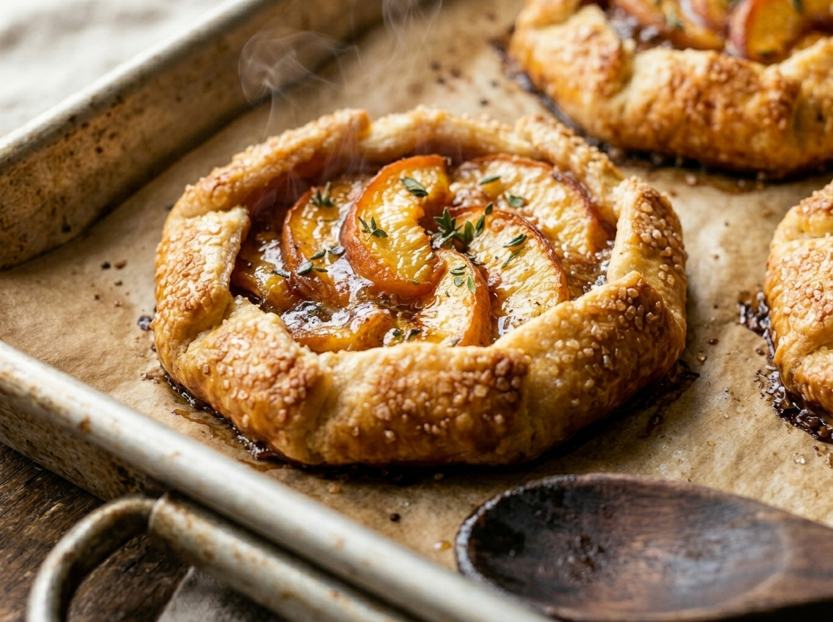 Mini peach galettes on a parchment-lined baking sheet fresh from the oven with bubbling peach filling and golden crust