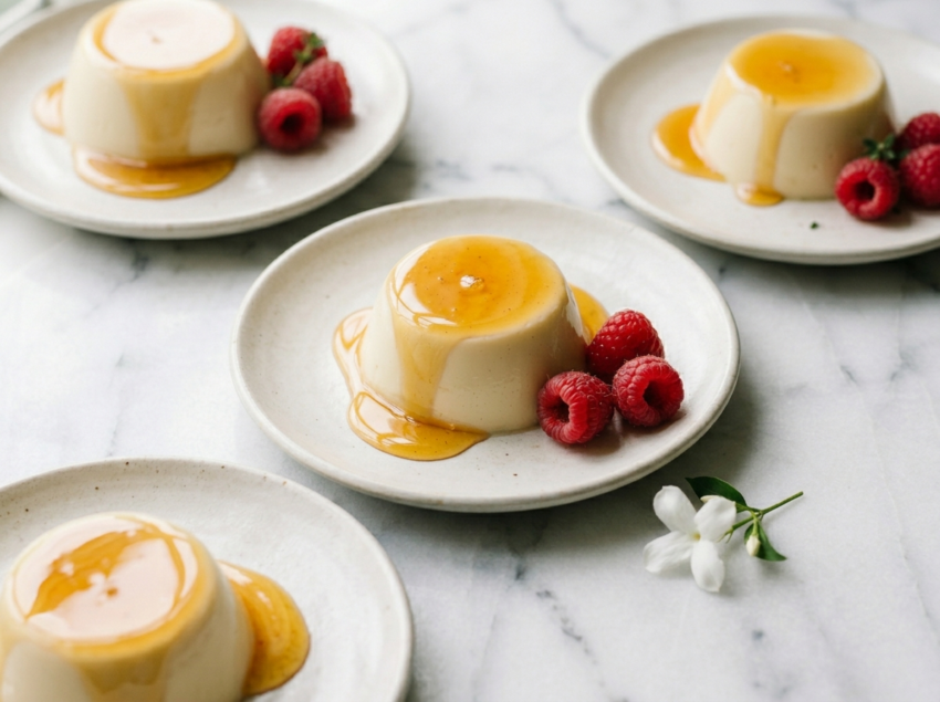 Three jasmine honey panna cottas unmolded on white plates, drizzled with golden honey and garnished with raspberries on marble