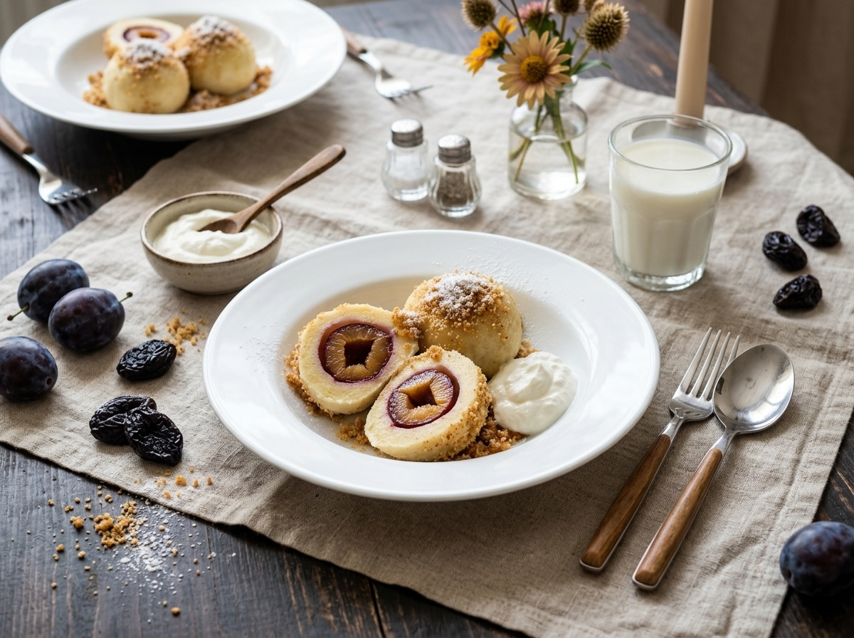 Two plates of sweet Slovak plum dumplings with quark, breadcrumbs, and powdered sugar on a linen table