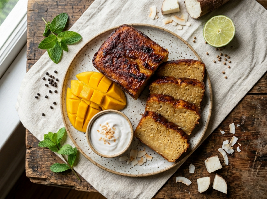 Sliced cassava sugar loaf on a wooden board with coconut cream and fresh mango, showing dense golden crumb