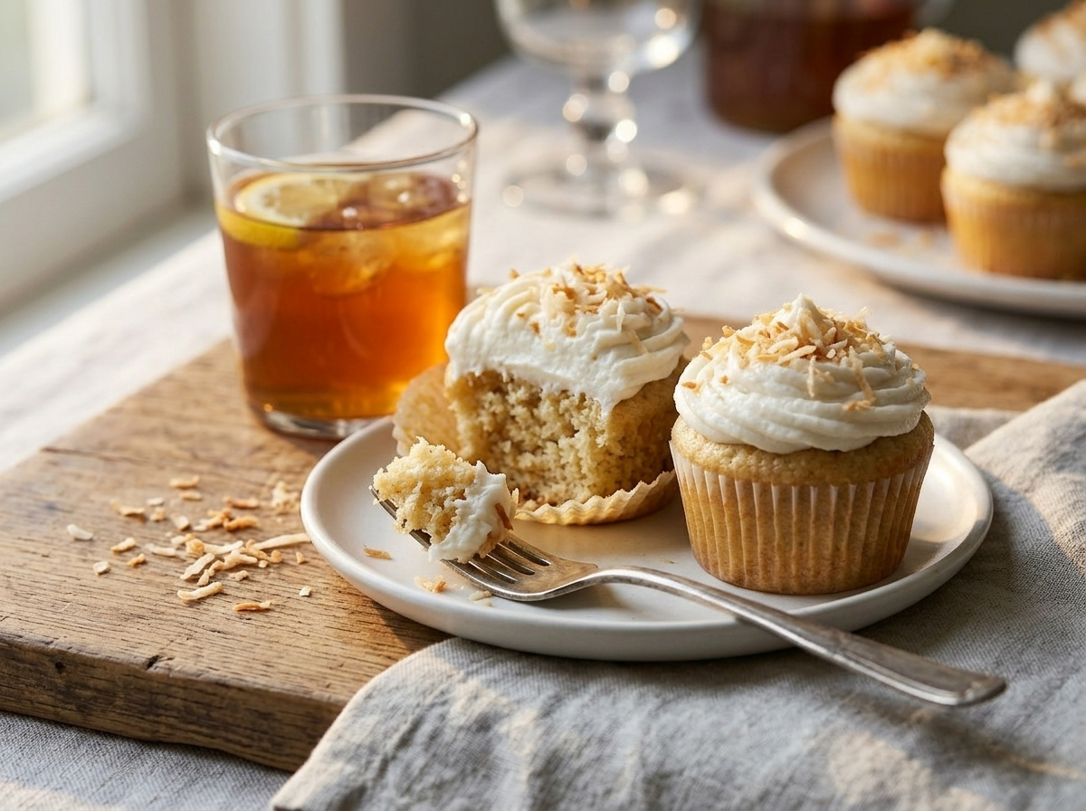 Two frosted coconut cupcakes on a white plate, one bitten to show moist shredded coconut crumb inside, with iced tea