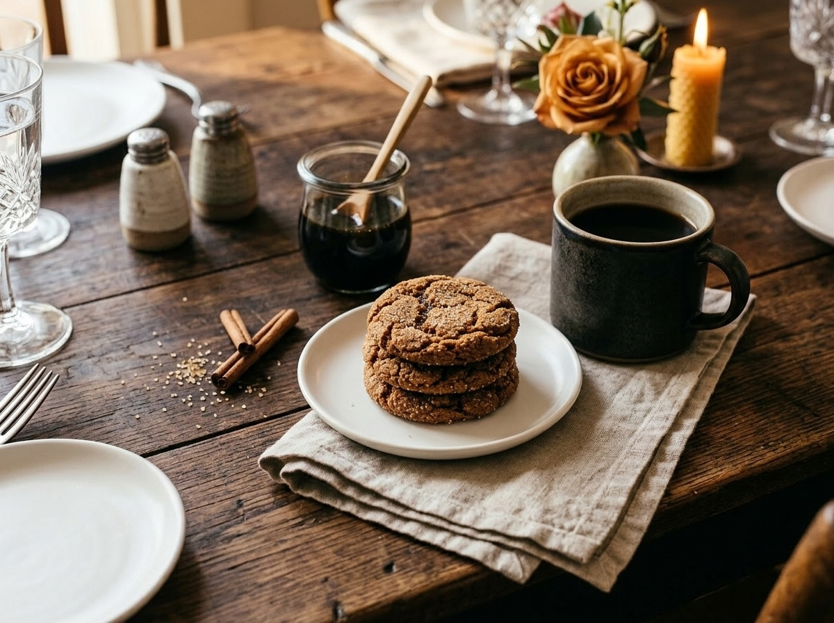 Three stacked sorghum molasses cookies on a white plate beside a ceramic mug of black coffee