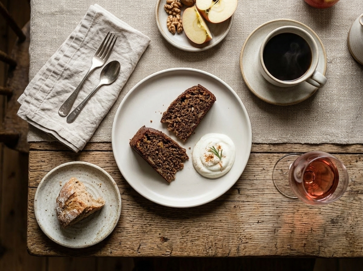 Two slices of buckwheat apple cake on a white plate with Greek yogurt and a cup of black coffee.