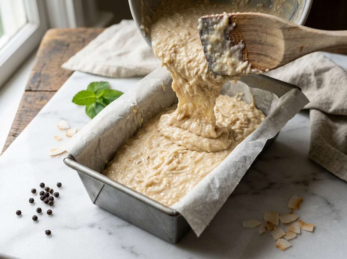 Thick grated cassava batter being poured into a parchment-lined loaf pan before baking