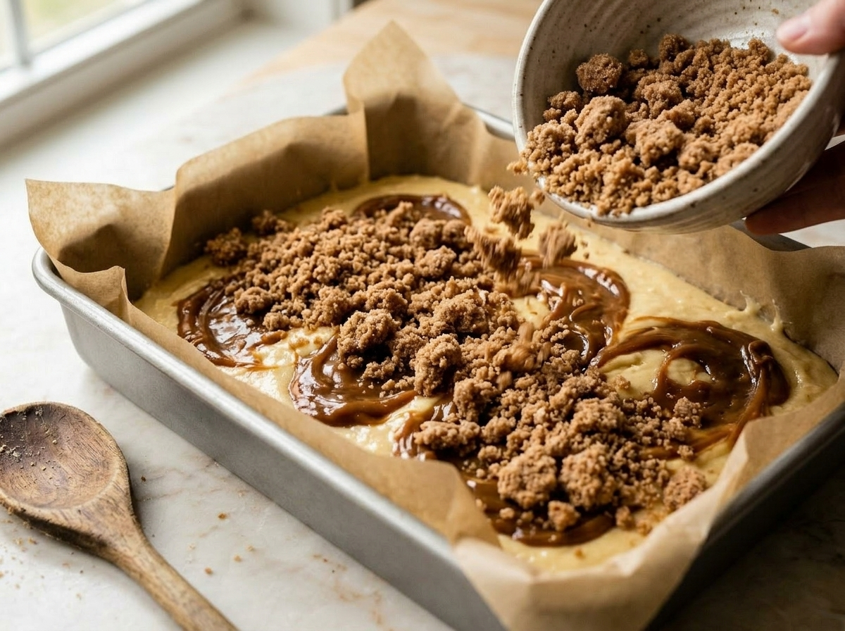 Scattering brown sugar crumb topping over dulce de leche dollops on cake batter in a parchment-lined baking pan