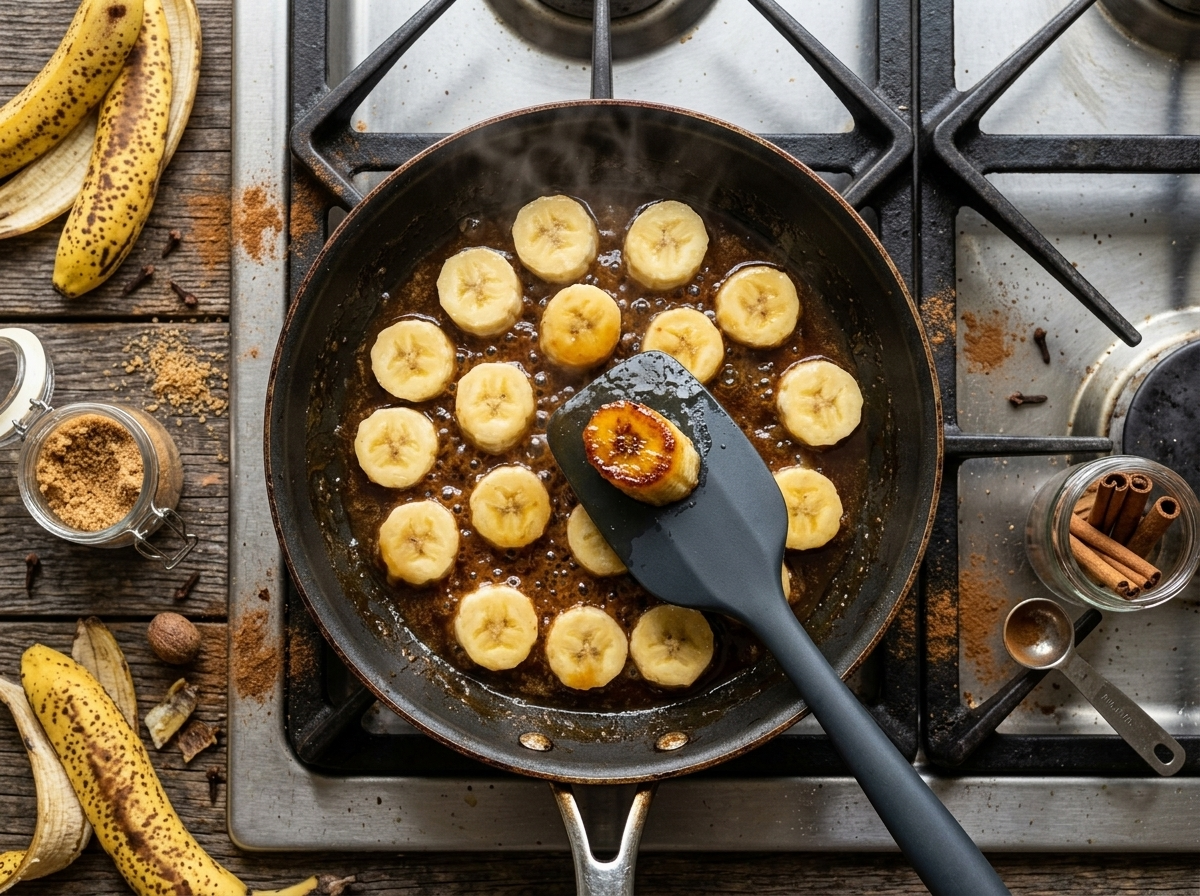 Sliced bananas caramelizing in a skillet with bubbling brown sugar, spatula mid-flip
