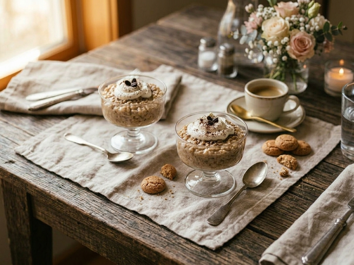 Two glass cups of chilled coffee cream rice pudding with whipped cream beside an espresso cup