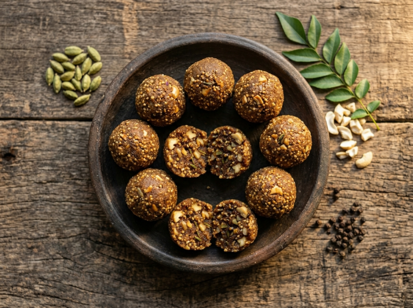Millet jaggery laddoos on a dark clay plate with cardamom pods and cashews on a wooden surface