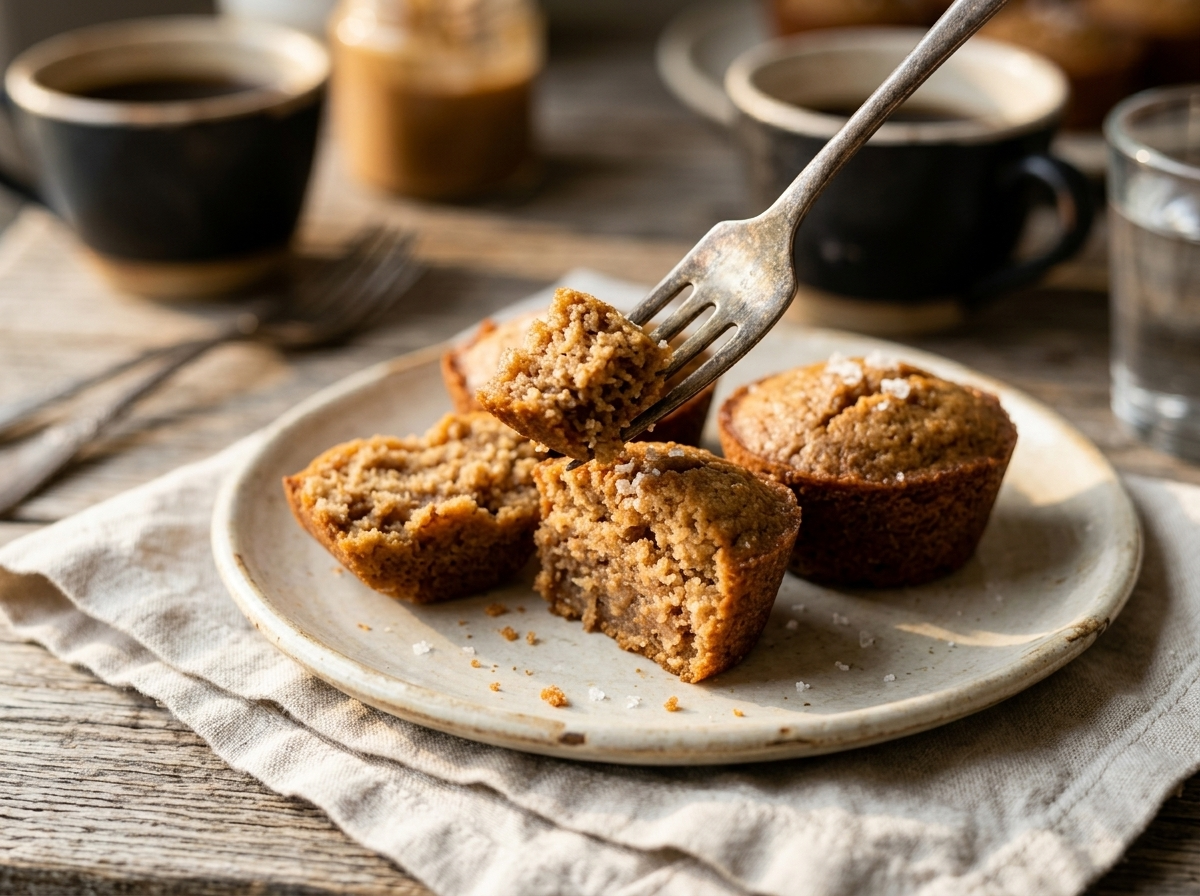 Two mini almond butter cakes on a white plate beside black coffee, one cake split to show dense moist crumb