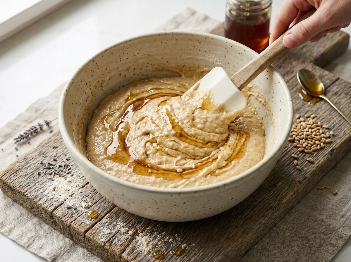 Barley cake batter being folded in a ceramic bowl with honey ribbons visible before baking