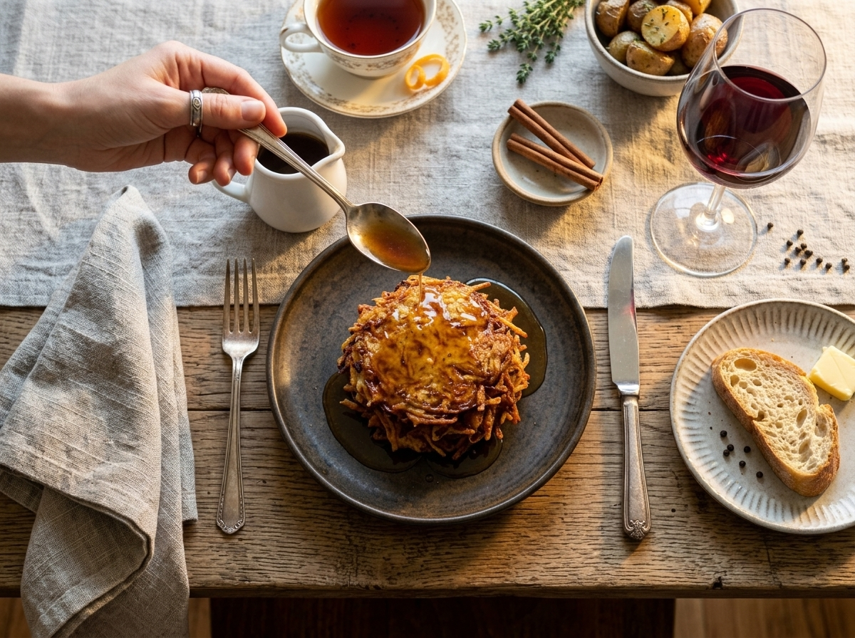 Hand pouring warm brown sugar syrup over a plate of crispy yam fritters on a wooden table beside a cup of tea
