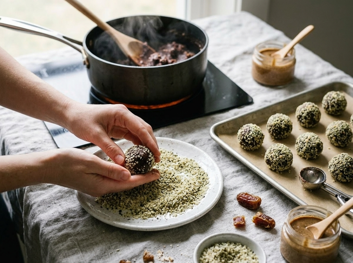Hands rolling a hemp seed energy truffle in hemp hearts on a flat plate with finished truffles on parchment in the background