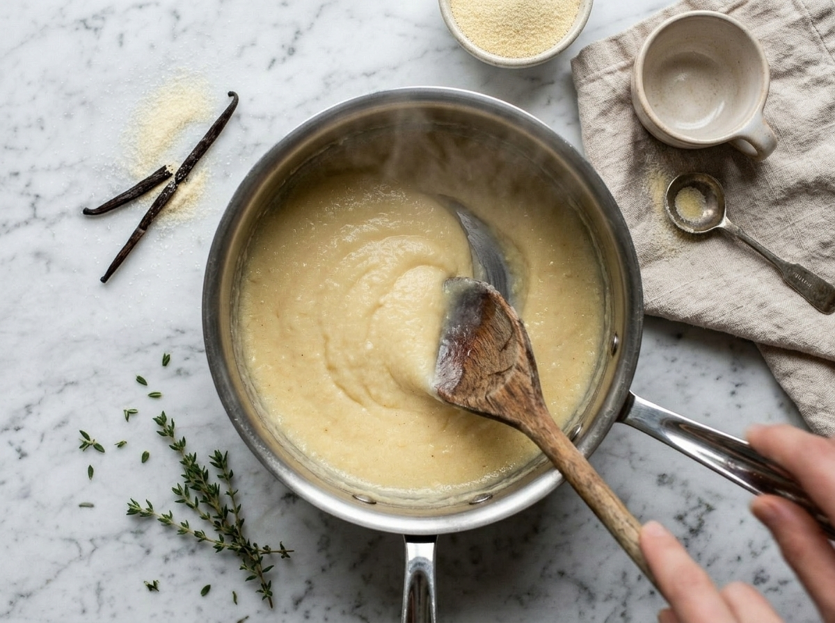 Thick semolina pudding being stirred with a wooden spoon in a saucepan, mixture pulling from pan sides