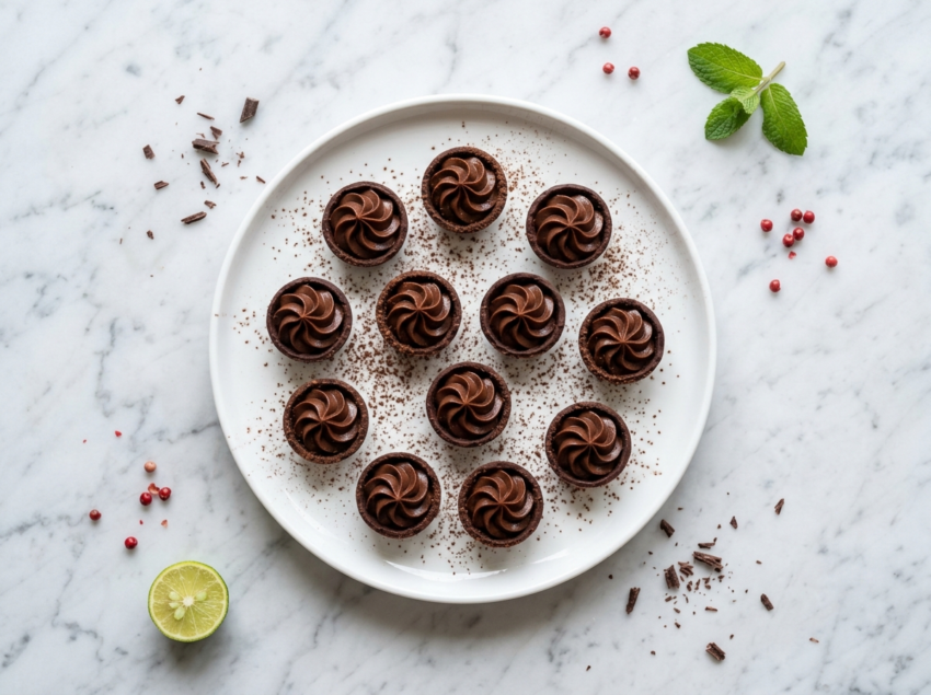 Twelve tiny chocolate mousse bites in dark chocolate cups dusted with cocoa powder on a white marble surface