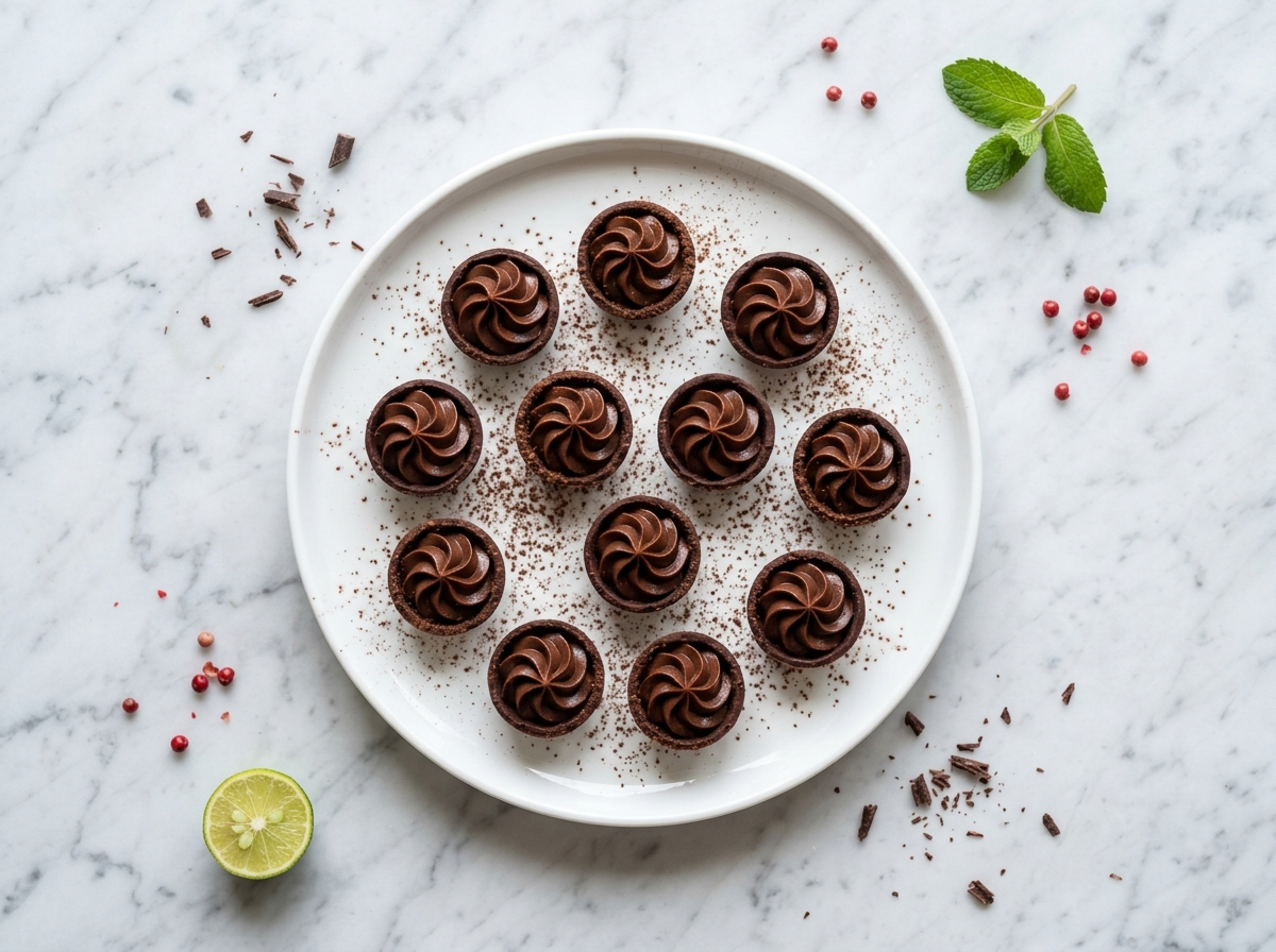 Twelve tiny chocolate mousse bites in dark chocolate cups dusted with cocoa powder on a white marble surface