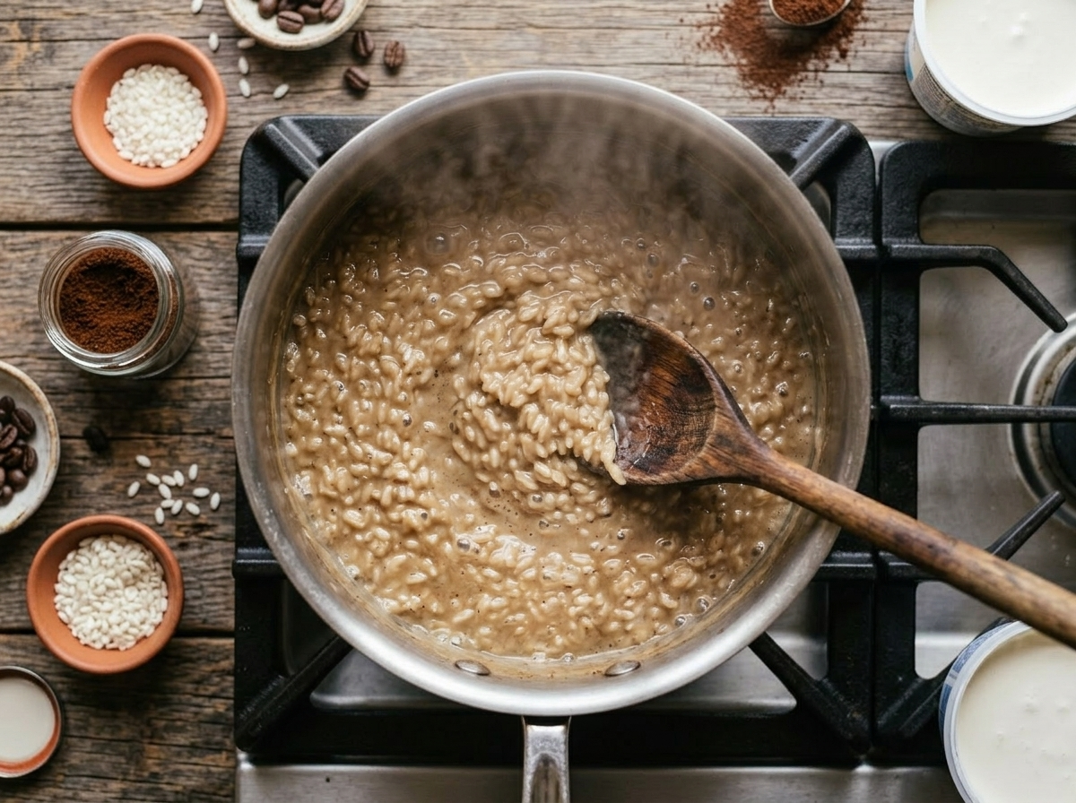Arborio rice simmering in coffee-flavored milk in a saucepan, stirred with a wooden spoon