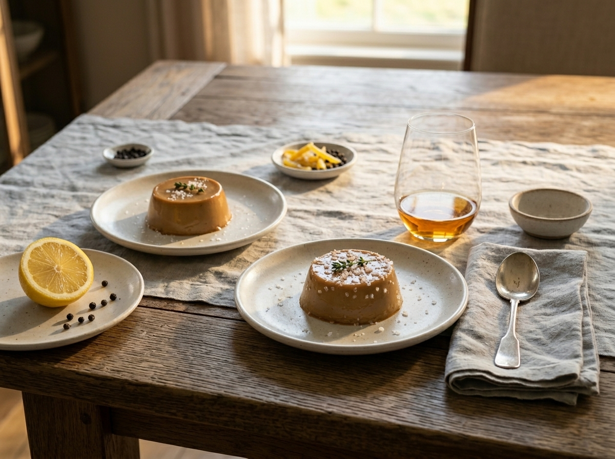Two ramekins of set brown sugar milk pudding on a wooden table with a linen napkin and warm afternoon light