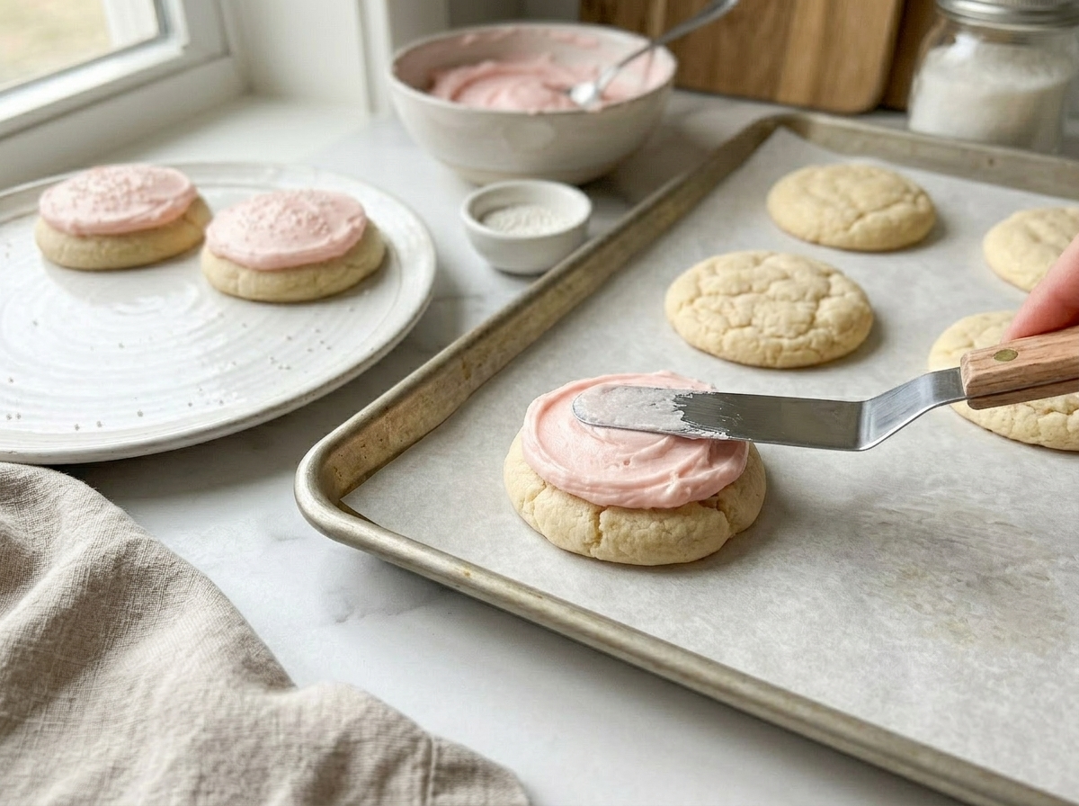 Spreading pink vanilla almond frosting onto a cooled magnolia sugar cookie with an offset spatula