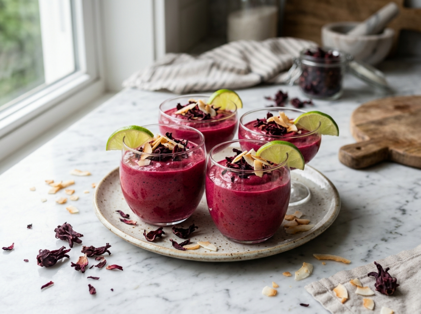 Four glass coupes of hibiscus coconut mousse topped with dried hibiscus petals and toasted coconut flakes on marble