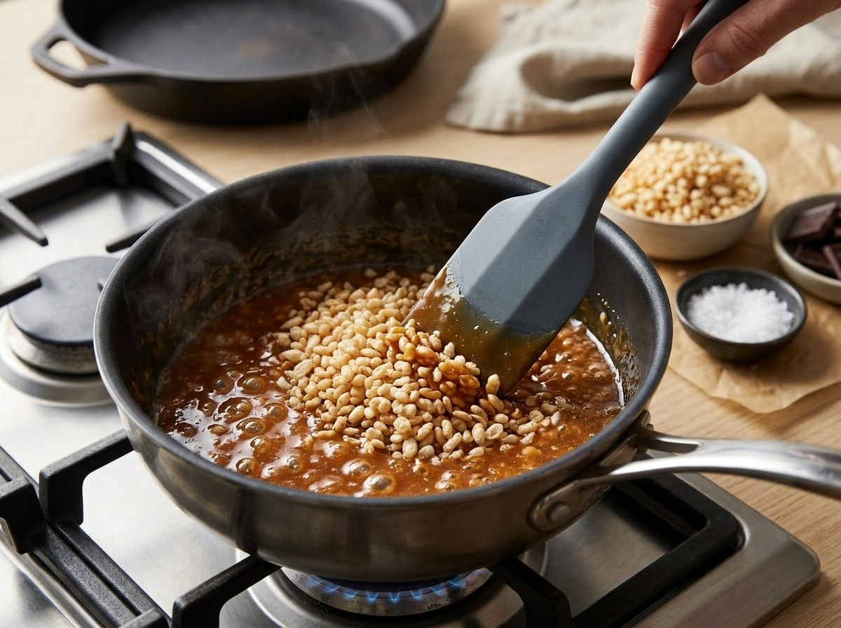 Silicone spatula folding puffed rice into glossy brown butter caramel in a saucepan on a stovetop