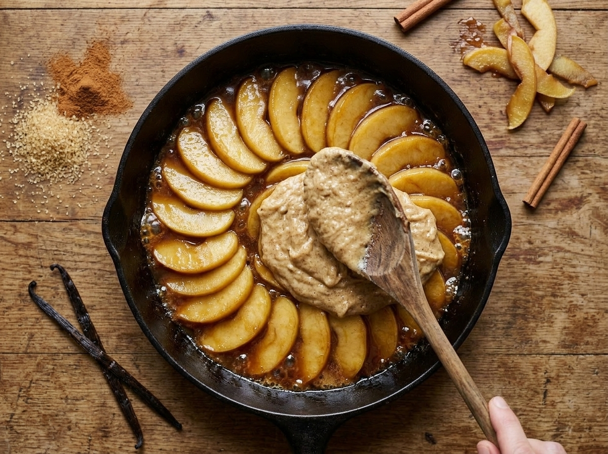 Batter being spooned over caramelized apple slices in a cast iron skillet with toffee bubbling at the edges