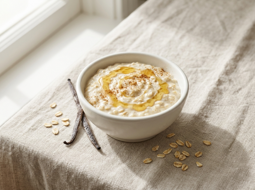 White ceramic bowl of creamy vanilla oat pudding drizzled with honey and dusted with cinnamon on linen