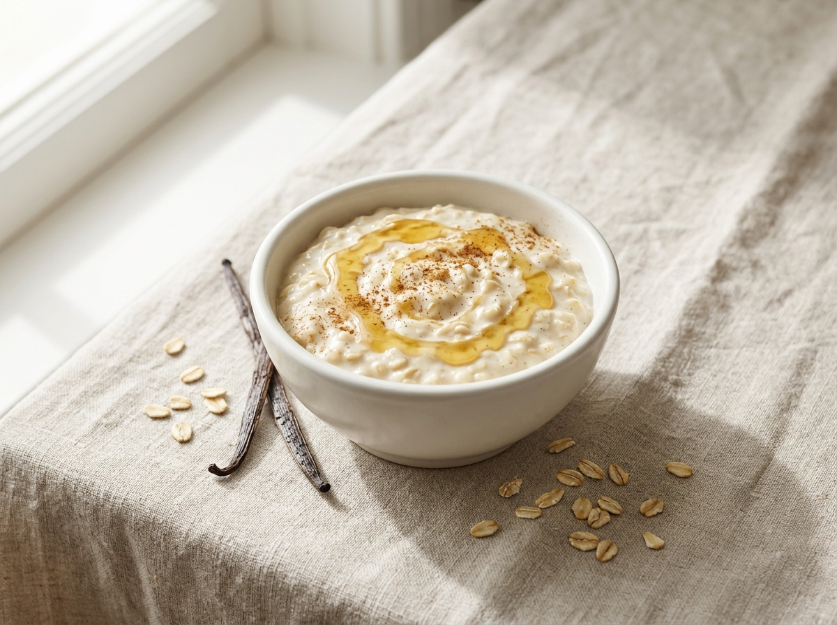 White ceramic bowl of creamy vanilla oat pudding drizzled with honey and dusted with cinnamon on linen