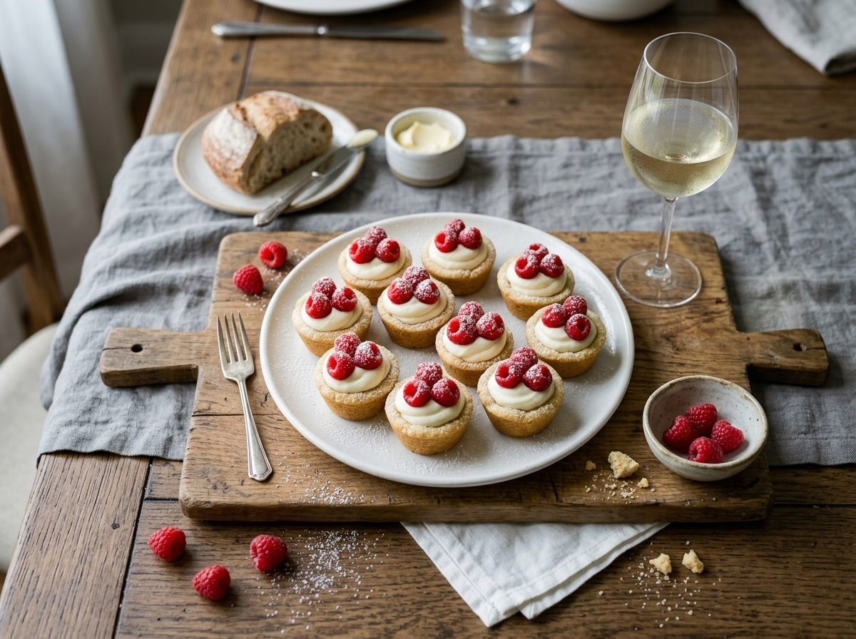 Raspberry cream cookie cups on a wooden board with Earl Grey tea and scattered fresh raspberries in afternoon light