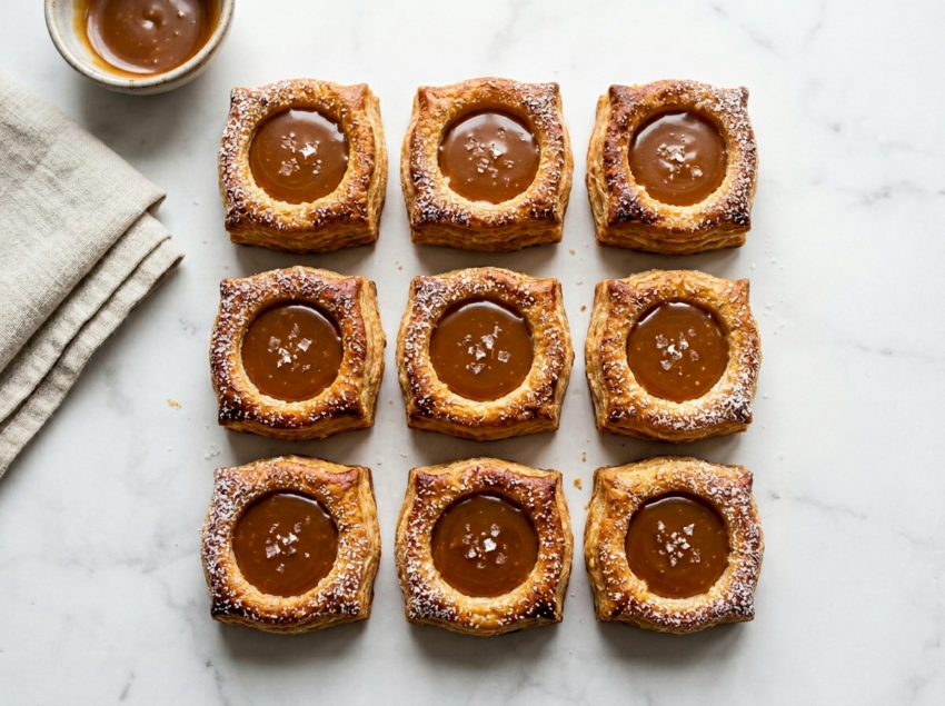 Mini caramel puff pastries on marble with glossy amber caramel centers, flaky golden pastry, and flaky sea salt